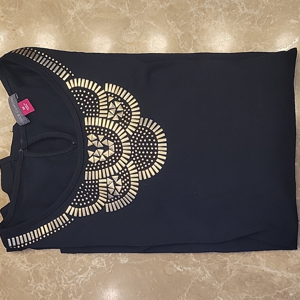 Vince Camuto Black Blouse with Gold Detailing At Neckline, M